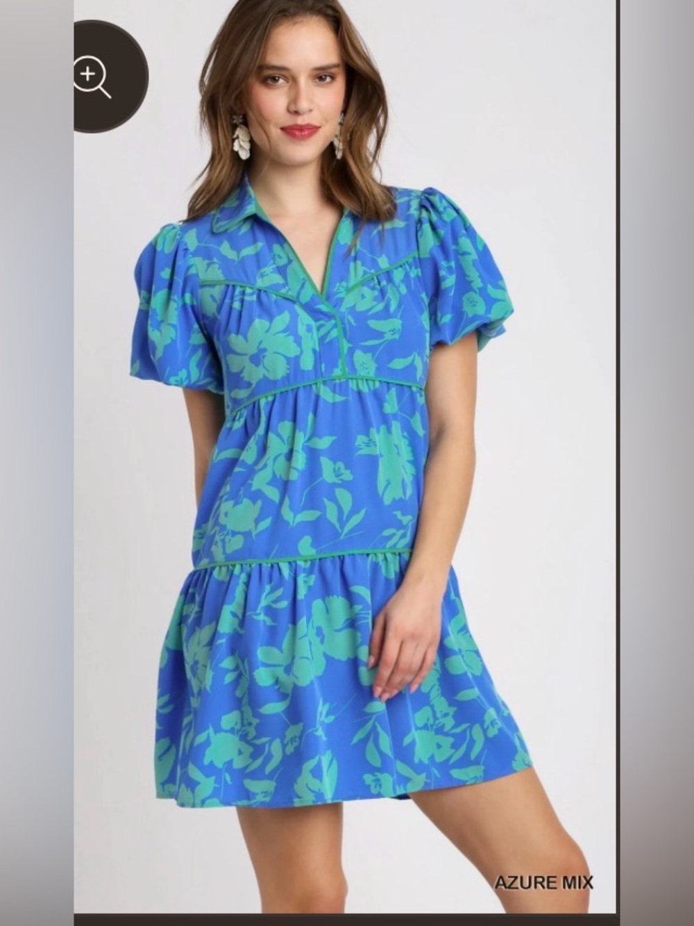 Perfect Umgee floral blue Green Ruffle Collar Puff Sleeve Tiered Mini m